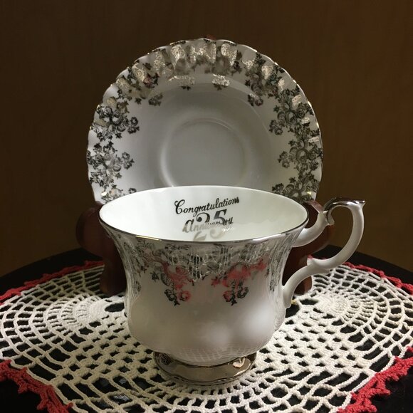 Royal Albert 'Congratulations 25th' Silver Filigree Porcelain Teacup & Saucer - Picture 2 of 11